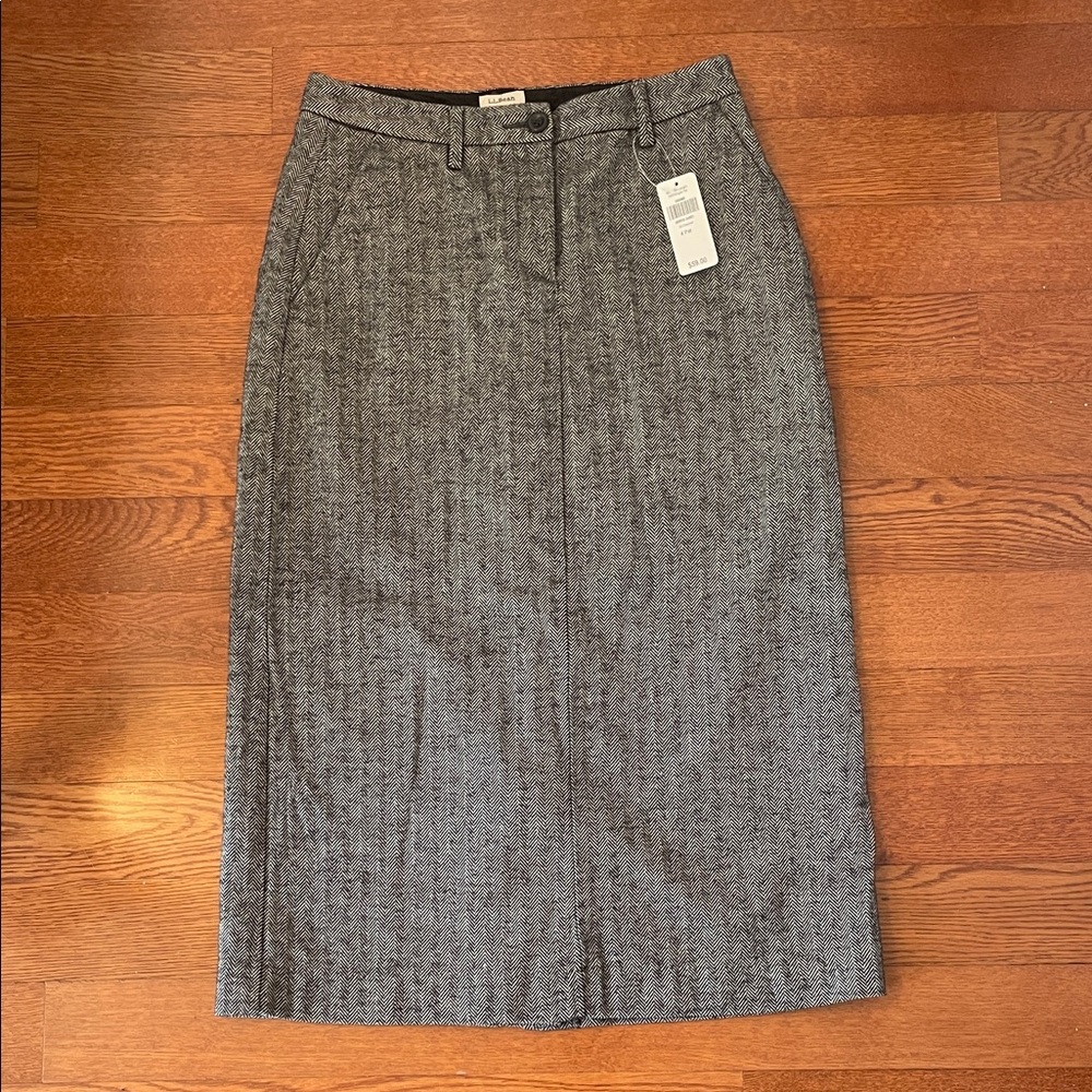 NWT L.L. Bean Charcoal Herringbone Midi Skirt 4P Dark Academia